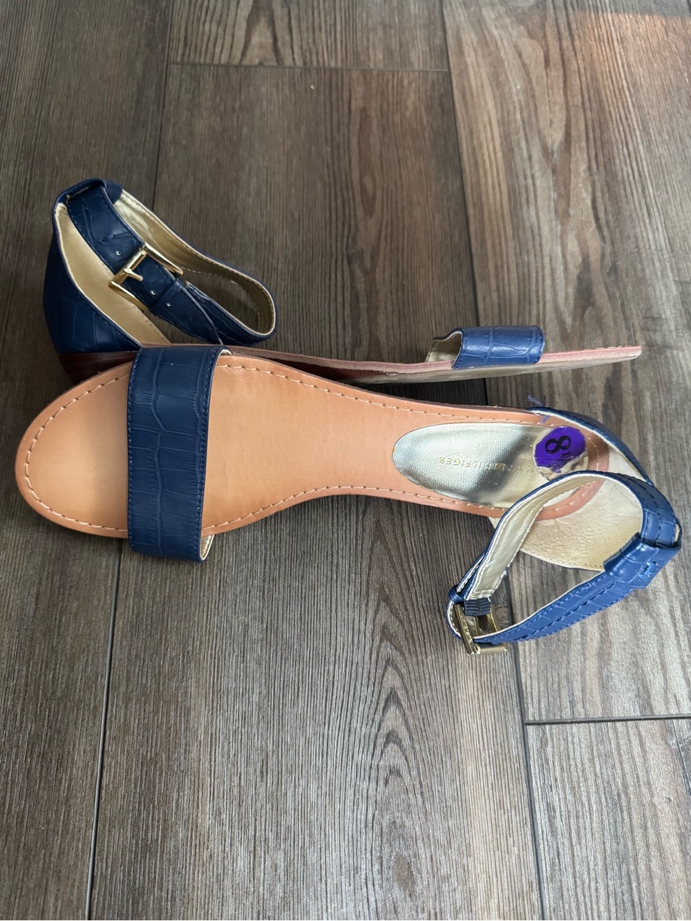 Tommy Hilfiger Navy Croc-Embossed Ankle Strap Sandals - Picture 3 of 5
